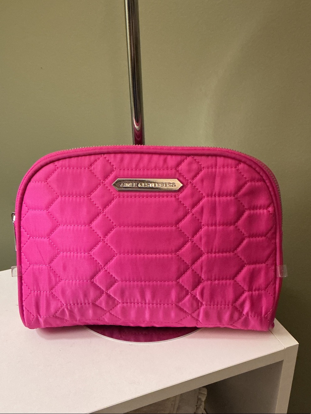 Aimee Kestenberg Quilted Hot Pink Cosmetic Case with Silver Plaque